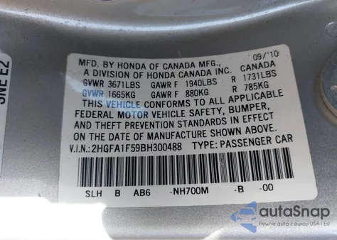 2011 Honda Civic Lx z USA, uszkodzony, nr VIN 2HGFA1F59BH300488